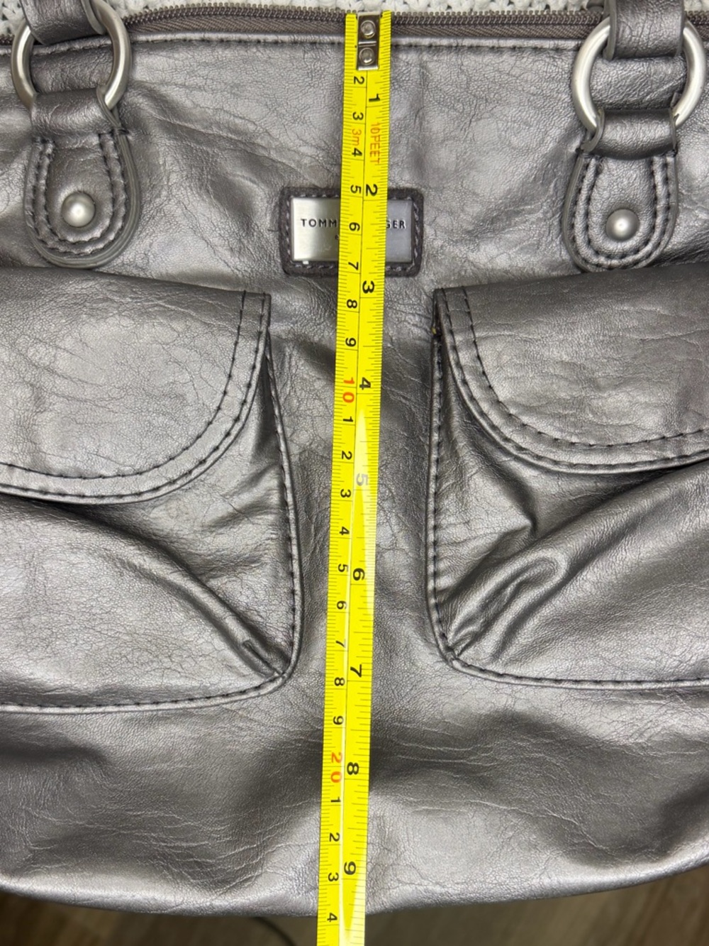 Vintage Tommy Hilfiger Gray Shoulder Bag Faux Leather Double Handle Purse - Picture 12 of 12